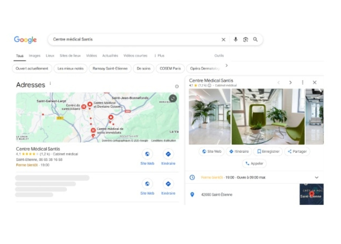 Image d'une fiche établissement Google du cabinet médical santis.